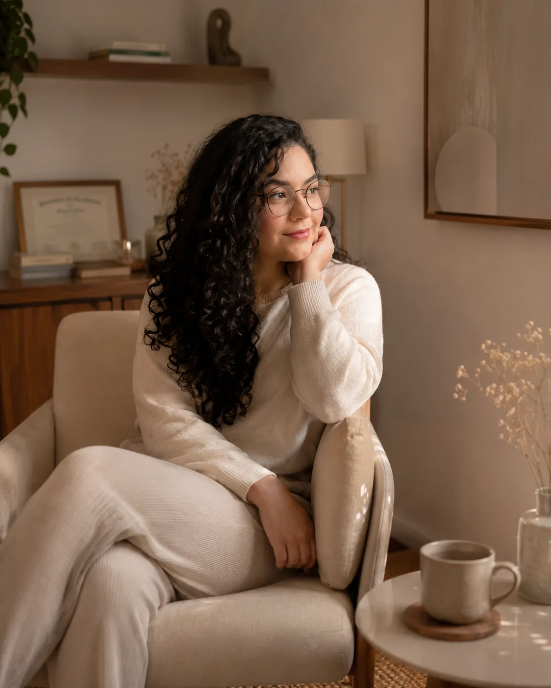 Isabella Perrone, psicóloga clínica, sentada em uma poltrona